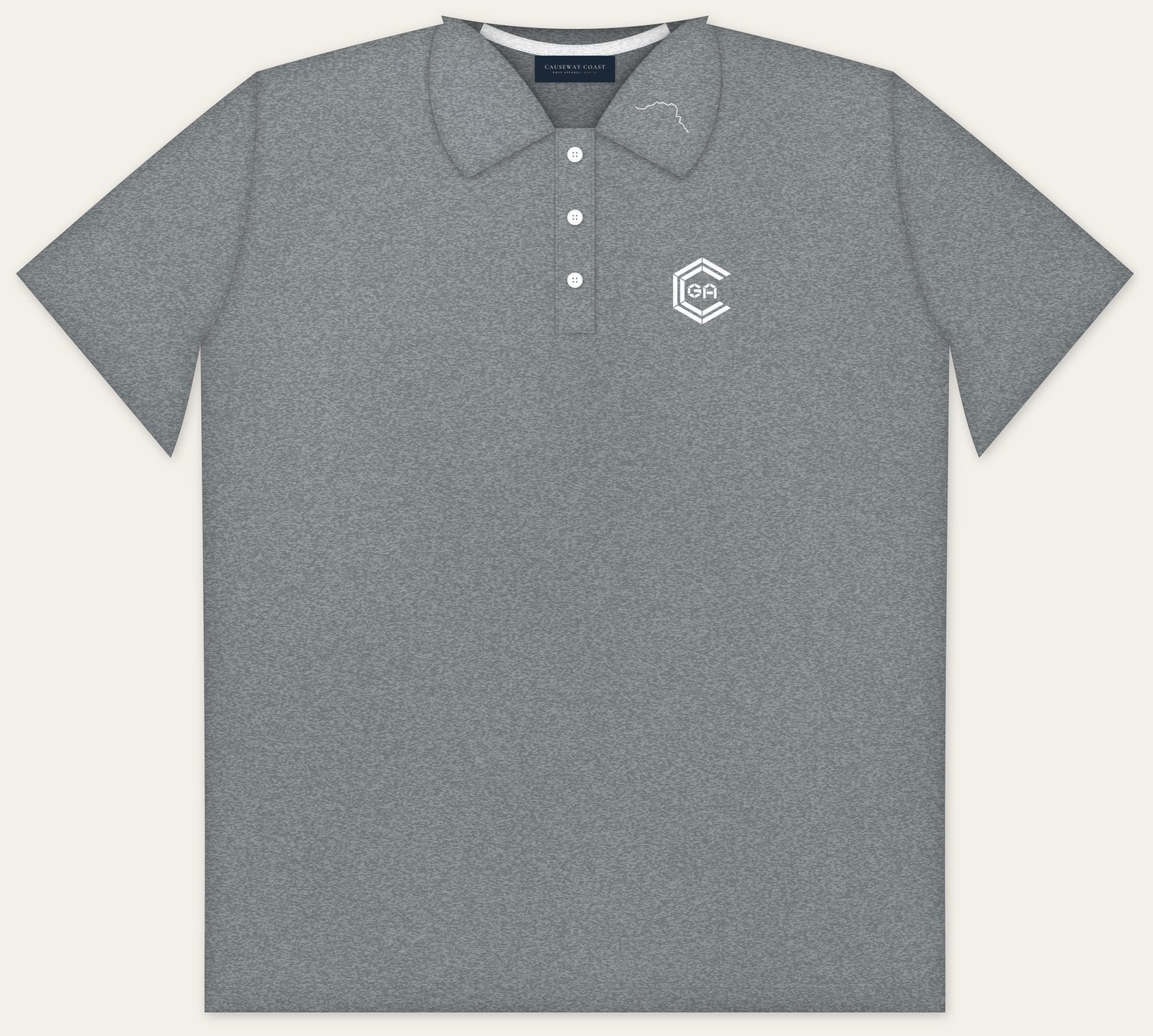 The Original Polo in Nardo Grey Heather with the white CCGA monogram on the chest